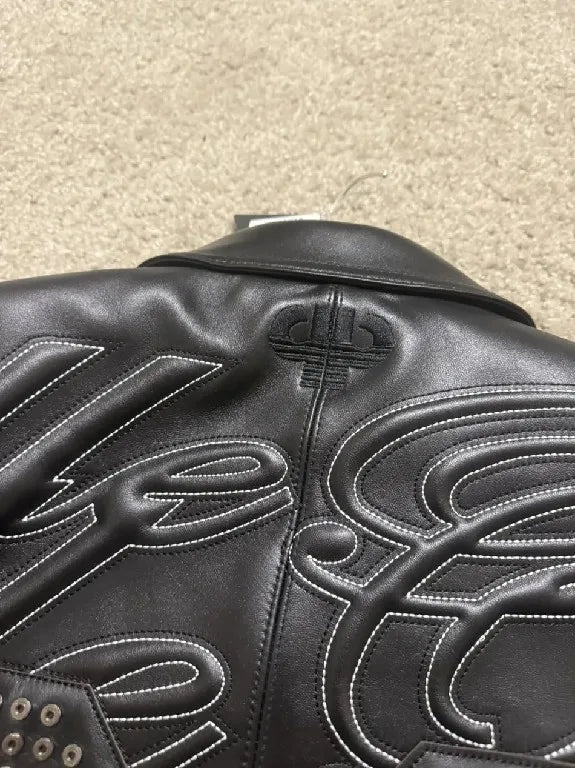 Street Style American Y2K Retro Rivet Leather Jacket Mens Letter Embroidered Hollow Oversized Coat Punk Rock Motorcycle Clothing