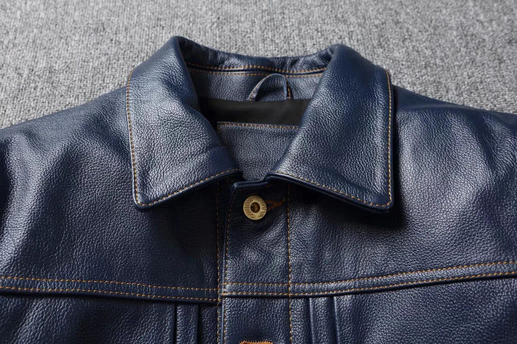 New Navy Blue Top Layer Cowhide Genuine Leather Jacket Men's Short Slim Fit Retro Motorcycle Lapel Casual Jacket Trendy