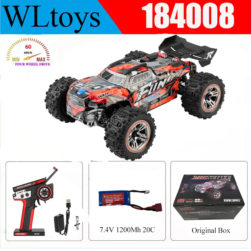Wltoys 184008 1/18 Scale 2.4G RC Car Brushless Motor ESC 4WD Off-Road High Speed 60Km/H 3-in-1 Racing Toy for Boys