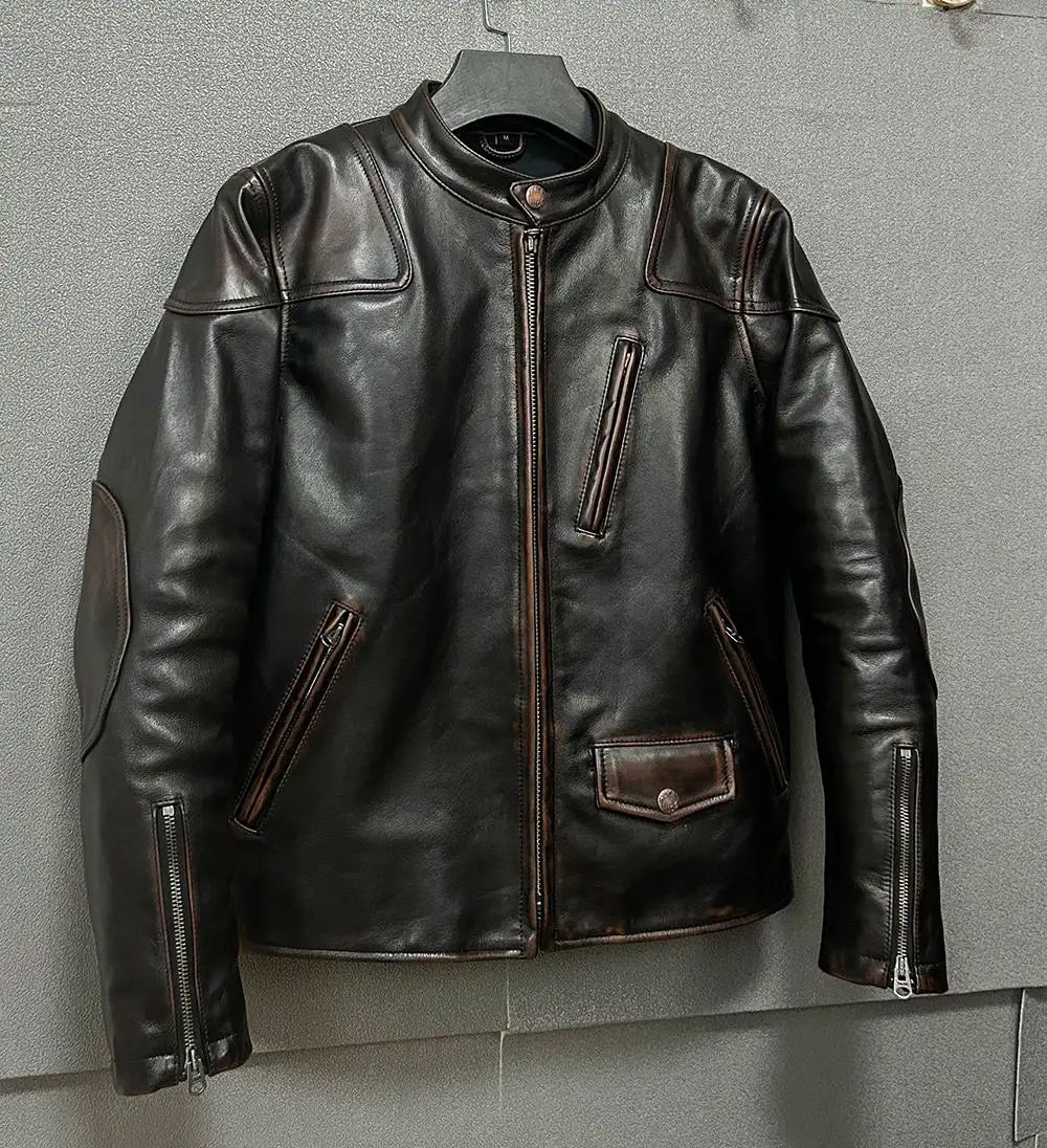 Vintage Black Autumn Leather Jacket Men Stand Collar Plus Size 5XL Natural Cowhide Slim Fit Short Genuine Leather Coat