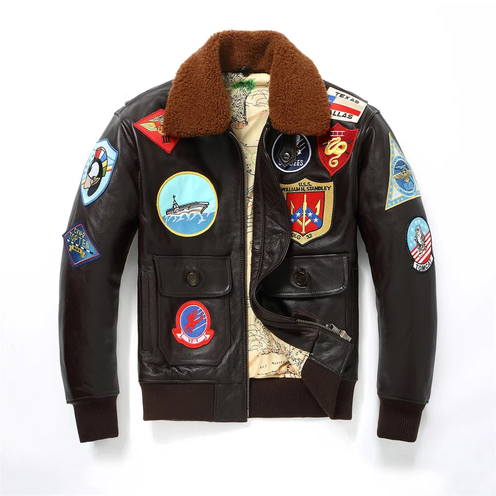 Dark Brown Winter Pilot Leather Jacket Men Military Style Europe Size Genuine Natural Thick Cowhide G1 Flight Leather Coat