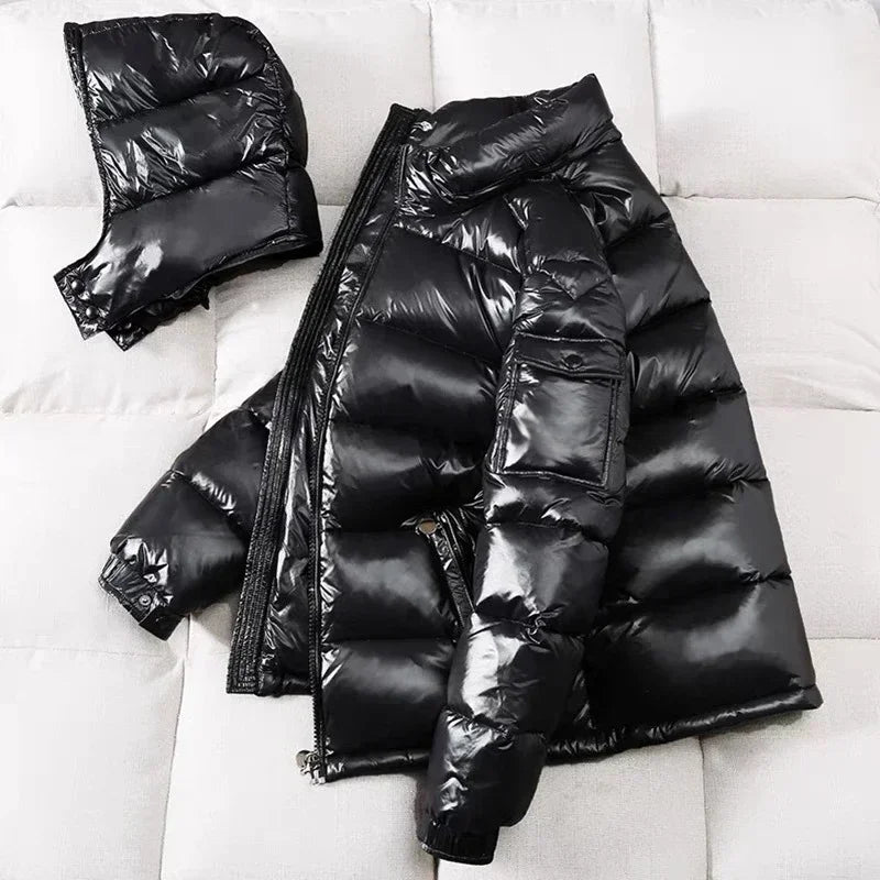 New Winter Men Black Shiny Puffer Jackets Hooded Casual Duck Down Coats High Quality Male Outdoor Windproof Warm Jackets Size 4X