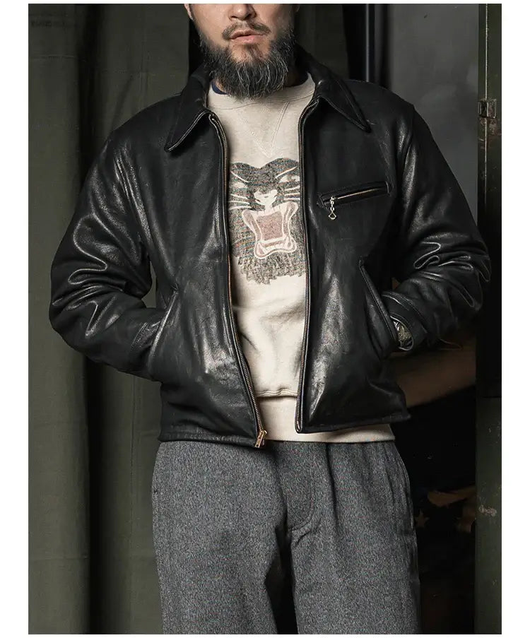 Rugged Bronson Goat Sheepskin Leather Jacket Genuine Leather Jacket 1930s Vintage Short Leather Coat