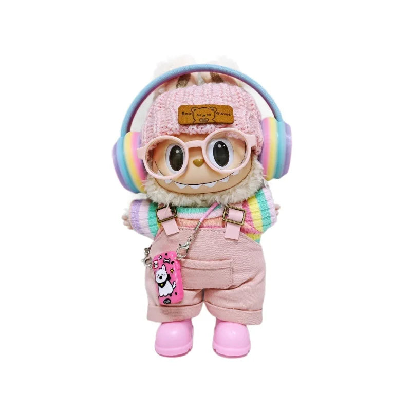 For Labubu Clothes Pink Overalls, Colorful Headphone Sets, Rainbow-colored Pleated Skirt Clothing, Labubu Accessories (no Dolls)