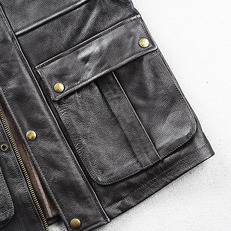 Brown Autumn Leather Jacket Men Safari Style Four Pockets Plus Size 5XL Natural Cowhide M65 Belt Genuine Leather Coat