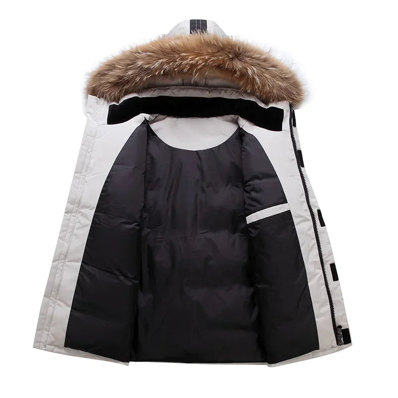 Men's Thermal Down Jacket Thick Puffer Jacket Men Coat High Quality Overcoat Winter Parka Men 90% White Duck Down Removable Cap