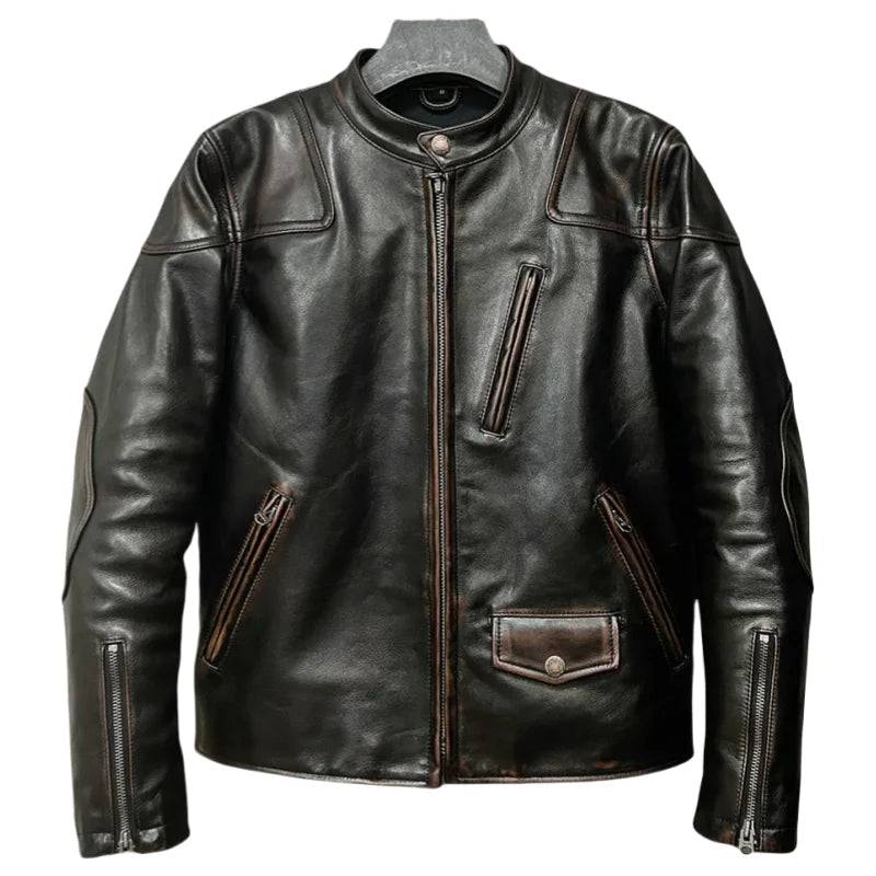 Vintage Black Autumn Leather Jacket Men Stand Collar Plus Size 5XL Natural Cowhide Slim Fit Short Genuine Leather Coat