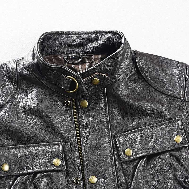 Brown Autumn Leather Jacket Men Safari Style Four Pockets Plus Size 5XL Natural Cowhide M65 Belt Genuine Leather Coat