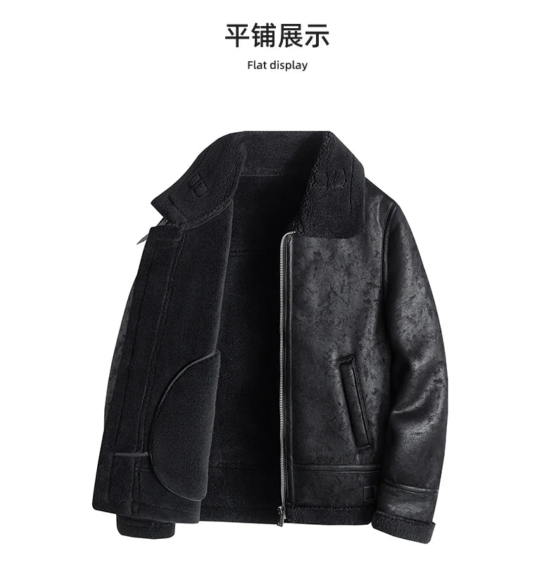 Men's Fleece Leather Motorcycle Short Jacket Imitation Fur Coat High Quality High Appearance Level Fur Integrated Flight Suit