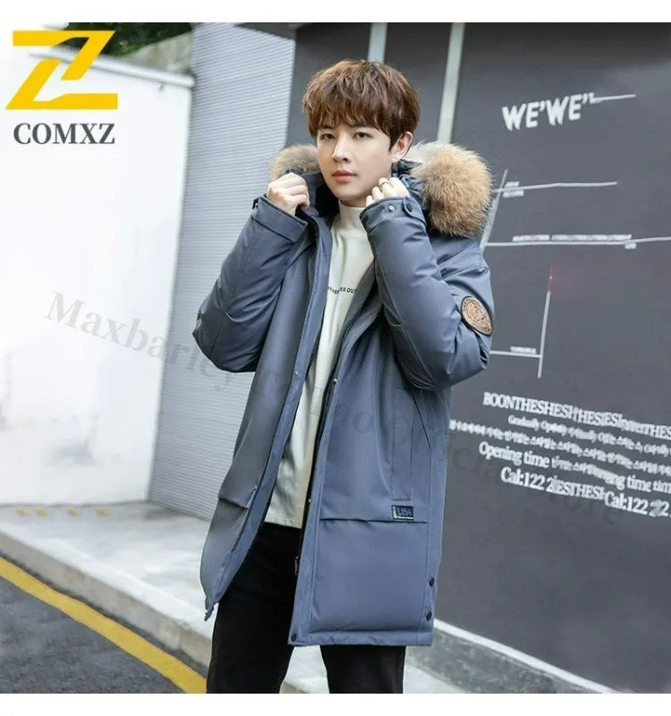 COMXZ Men Puffer Jacket Luxury Mao Collar Hooded Outdoor Office Thickened Parka Casual Travel Windproof Winter Long Puffer Coat