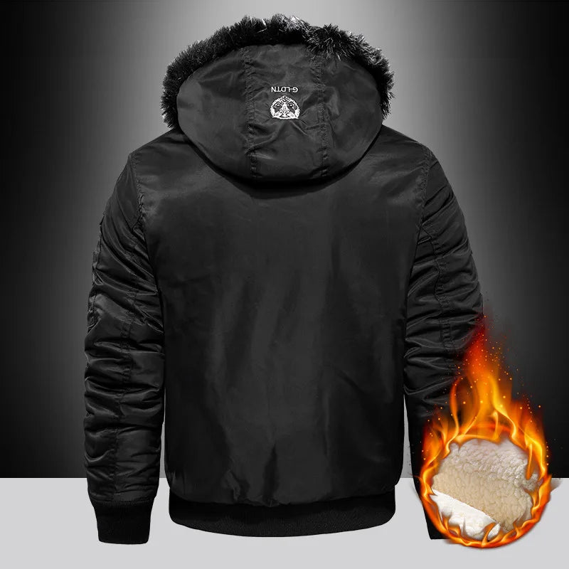 Men's Winter Fur Hooded Parka Coat Winter Warm Removable Hooded Fleece Lined Windproof Motorcycle Jackets Men Lambswool Parkas
