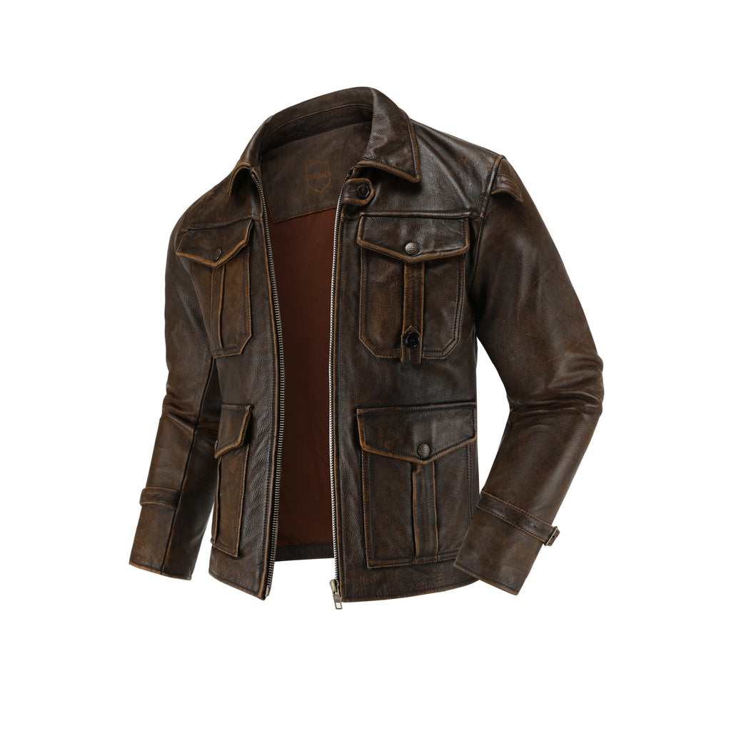 New Top-Layer Cowhide Leather Jacket Men's Four Seasons Motorcycle Leather Jacket Slim-Fit Lapel Multi-Pocket Jacket
