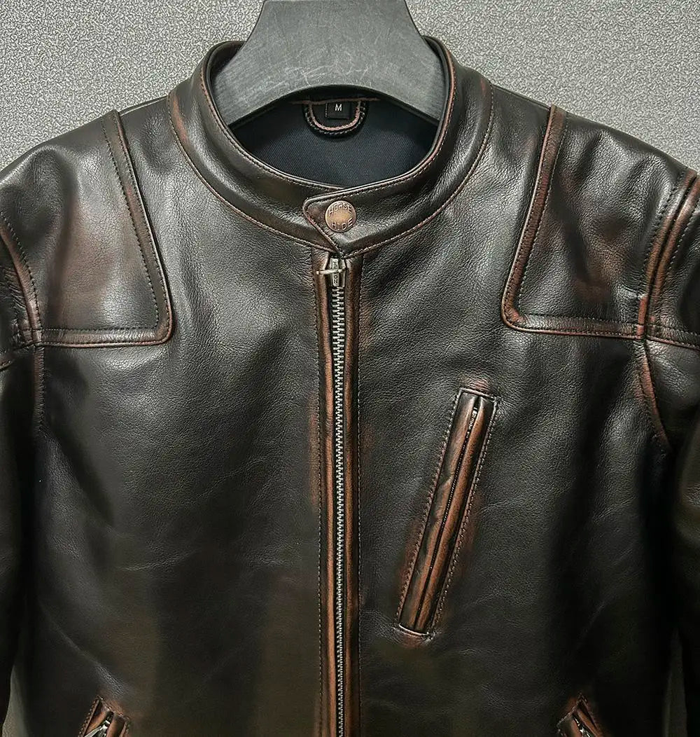Vintage Black Autumn Leather Jacket Men Stand Collar Plus Size 5XL Natural Cowhide Slim Fit Short Genuine Leather Coat
