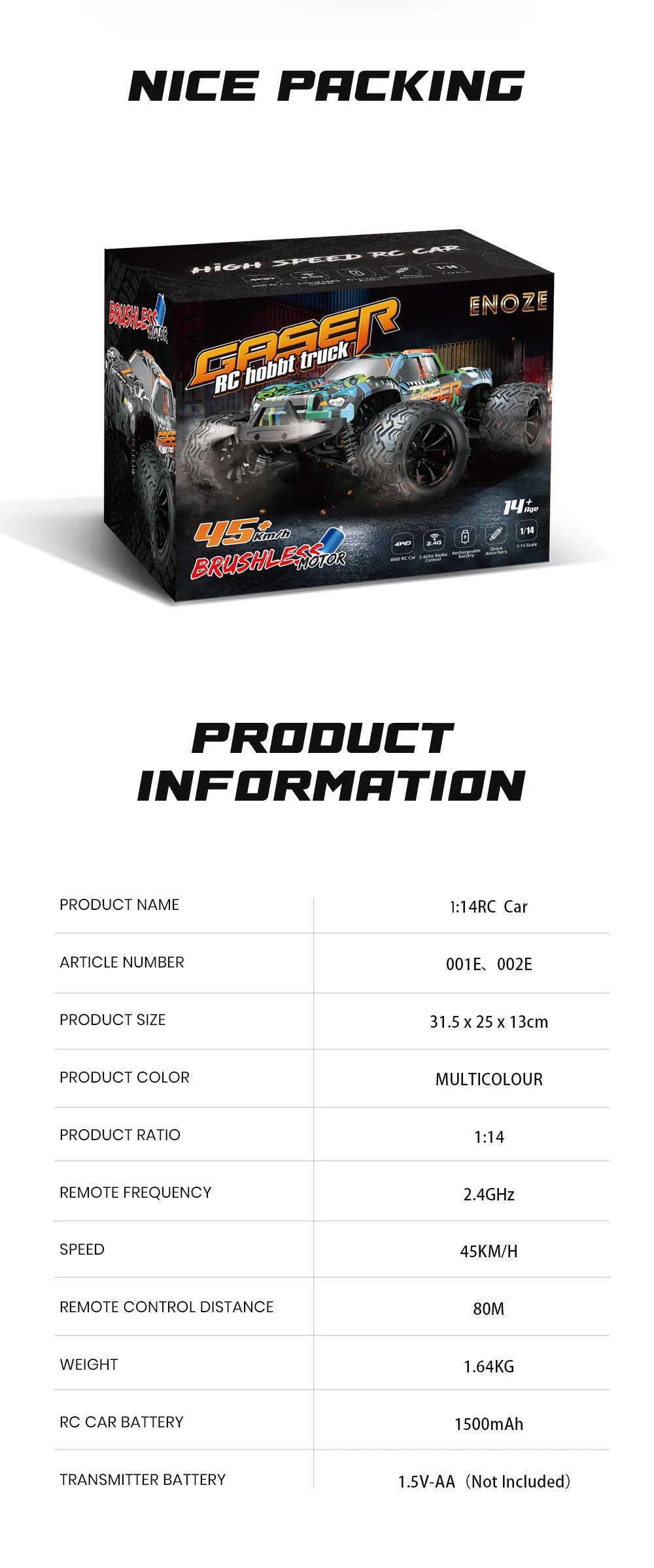 1:14 4WD RC Car Toy - 4x4 Off Road Drift Racing, 45KM/h Super Brushless High Speed - Waterproof Remote Control Truck for Kids