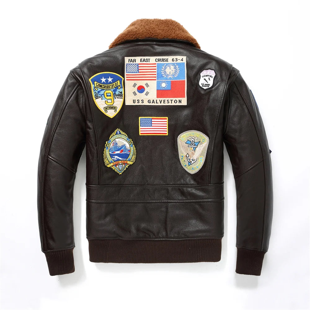 Dark Brown Winter Pilot Leather Jacket Men Military Style Europe Size Genuine Natural Thick Cowhide G1 Flight Leather Coat