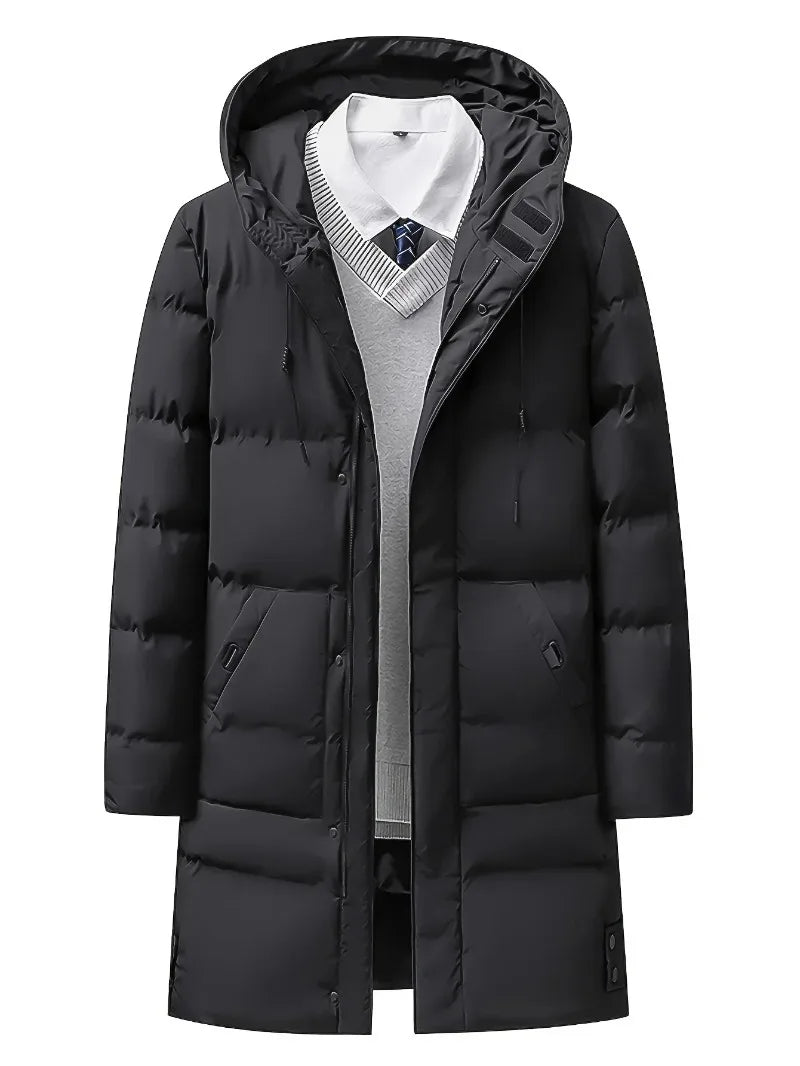 Men'S Heavyweight Winter Coat Windproof Cold Weather Jacket with Full-Length Zipper, Hooded Long Formality, Large Front Pockets