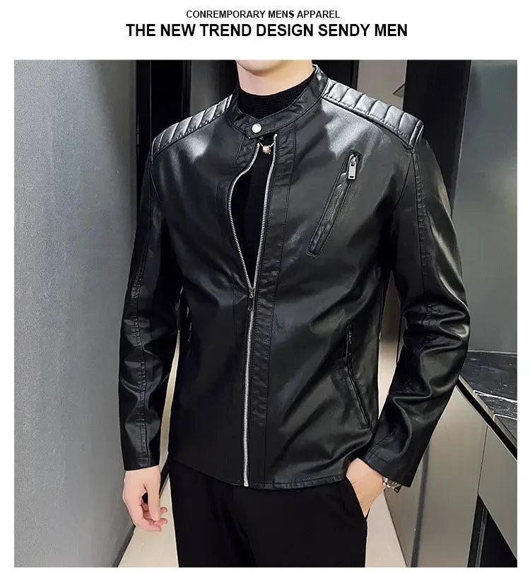 Spring and Autumn Men's Motorcycle Leather Jacket Casual Stand Collar Solid Color White Black Leather Jacket Zip Up PU Coat