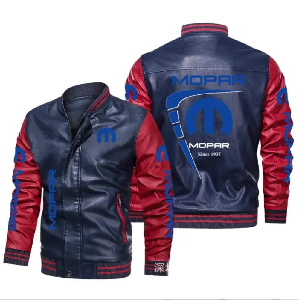 New Men's PU Leather Winter Mopar Logo Fashion Motorcycle Bomber Zipper Jacket Outwear Keep Warm Male Coat