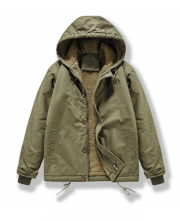 2025 New High-quality fall/winter outerwear men's outdoor casual windproof hooded pullover loose fleece work jacket male