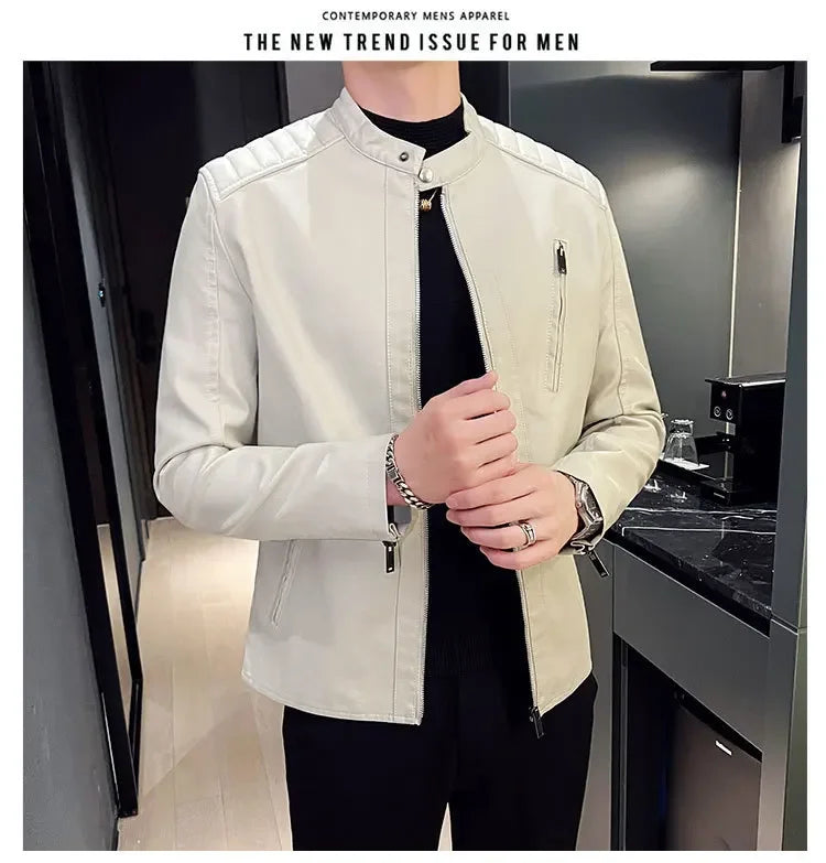Spring and Autumn Men's Motorcycle Leather Jacket Casual Stand Collar Solid Color White Black Leather Jacket Zip Up PU Coat