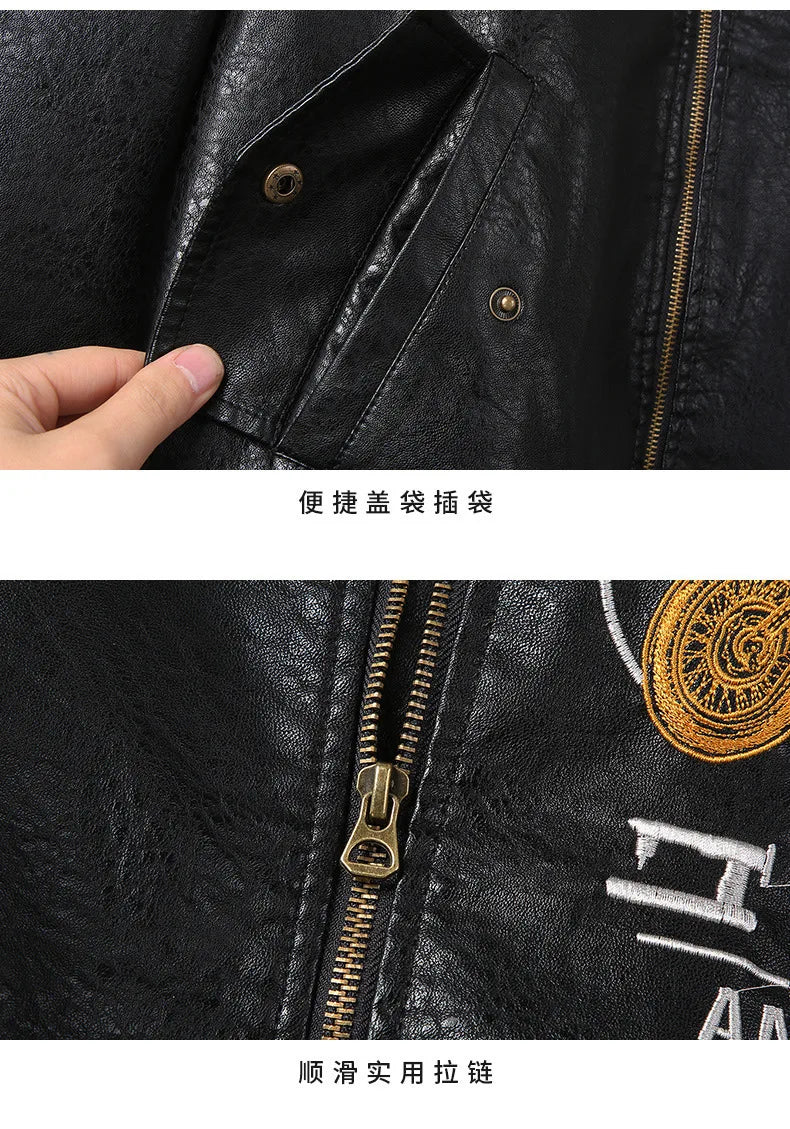 2025 Spring  Autumn Coffee V-neck  Embroidered PU Leather Motorcycle Jacket for Men,Army Green Washed Men's Workwear PU Jackets