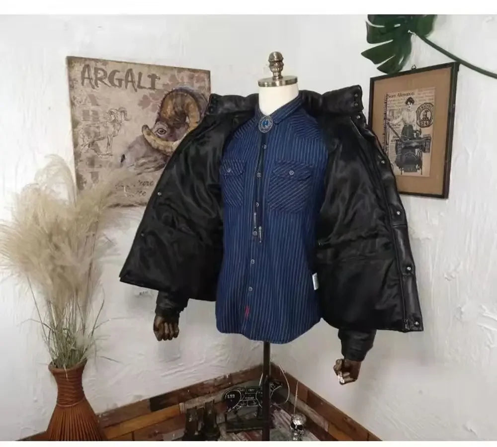 Cowhide Genuine Leather Duck Down Puffer Jacket Man Short Slim Fit Winter Fluffy Thickened Warm Leather Down Jacket Men Korean