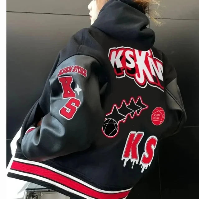 European and American Fashion Letter Embroidered Jackets Unisex Couple Contrasting Color Y2K Hip Hop Loose Leather Jackets Men