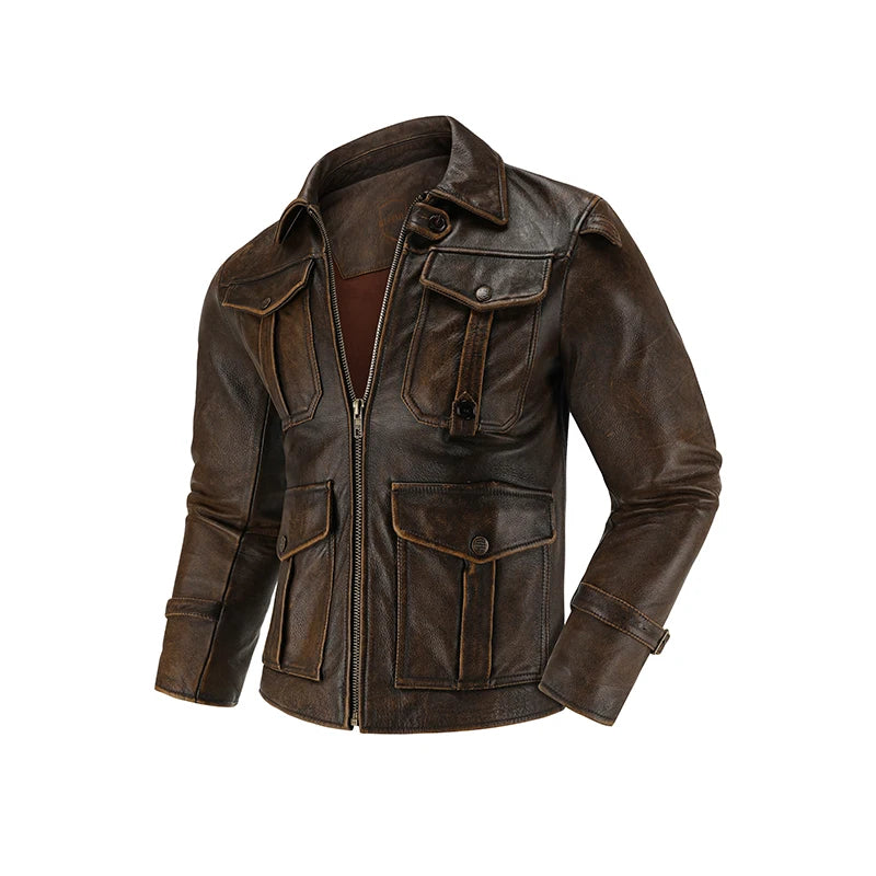 New Top-Layer Cowhide Leather Jacket Men's Four Seasons Motorcycle Leather Jacket Slim-Fit Lapel Multi-Pocket Jacket
