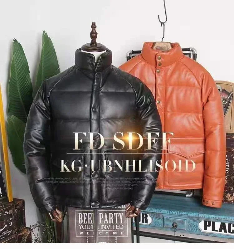 Cowhide Genuine Leather Duck Down Puffer Jacket Man Short Slim Fit Winter Fluffy Thickened Warm Leather Down Jacket Men Korean