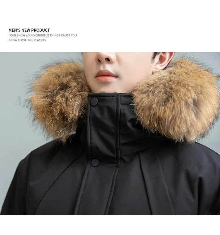 COMXZ Men Puffer Jacket Luxury Mao Collar Hooded Outdoor Office Thickened Parka Casual Travel Windproof Winter Long Puffer Coat