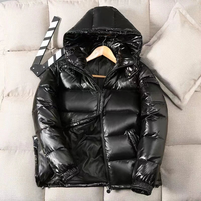 New Winter Men Black Shiny Puffer Jackets Hooded Casual Duck Down Coats High Quality Male Outdoor Windproof Warm Jackets Size 4X