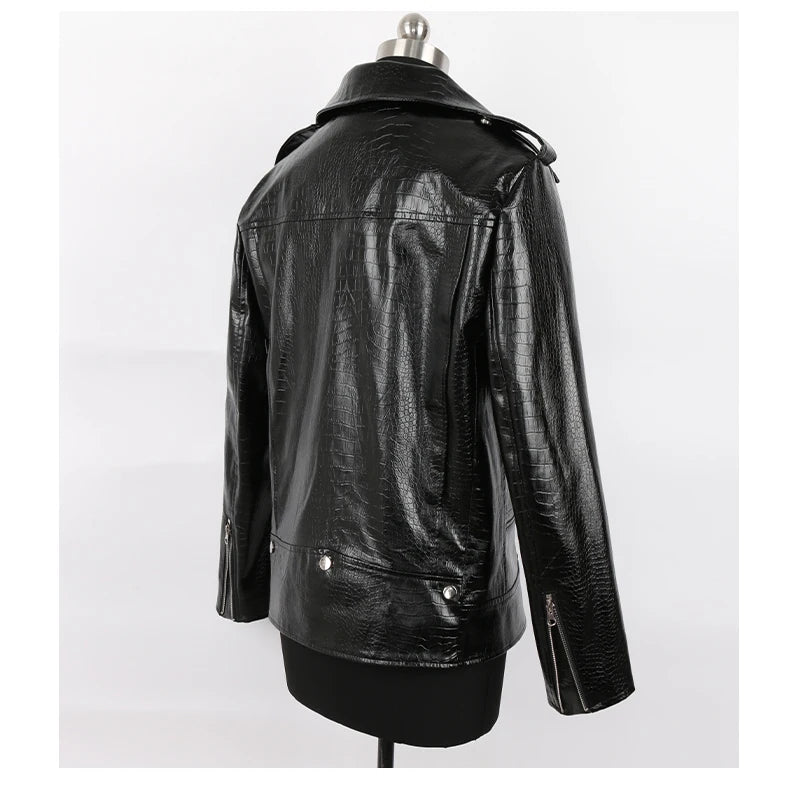 Mauroicardi Spring Red Crocodile Pattern Faux Leather Biker Jacket Long Sleeve Zipper Plus Size Designer Men Clothing 4xl 5xl