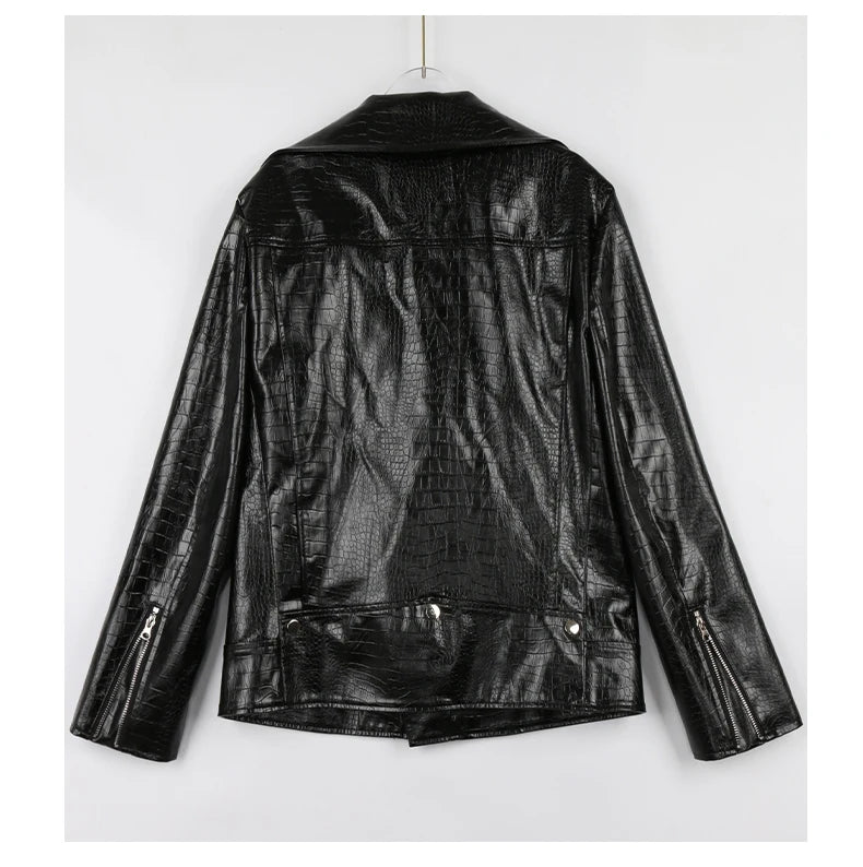 Mauroicardi Spring Red Crocodile Pattern Faux Leather Biker Jacket Long Sleeve Zipper Plus Size Designer Men Clothing 4xl 5xl
