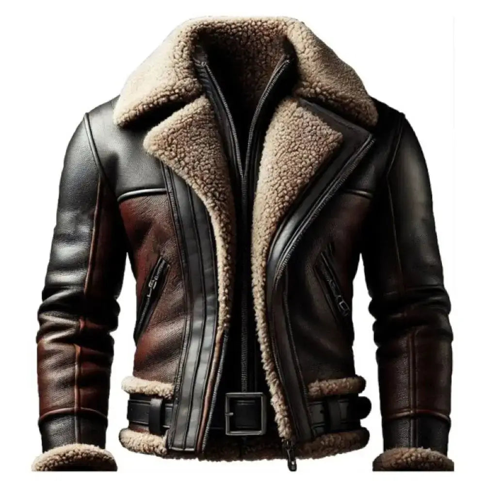 2025 New Men's Warm Contrast Color Leather Coat, Winter Faux Fur Lined Stand Collar Long Sleeve Jacket, Vintage Biker Style Oute
