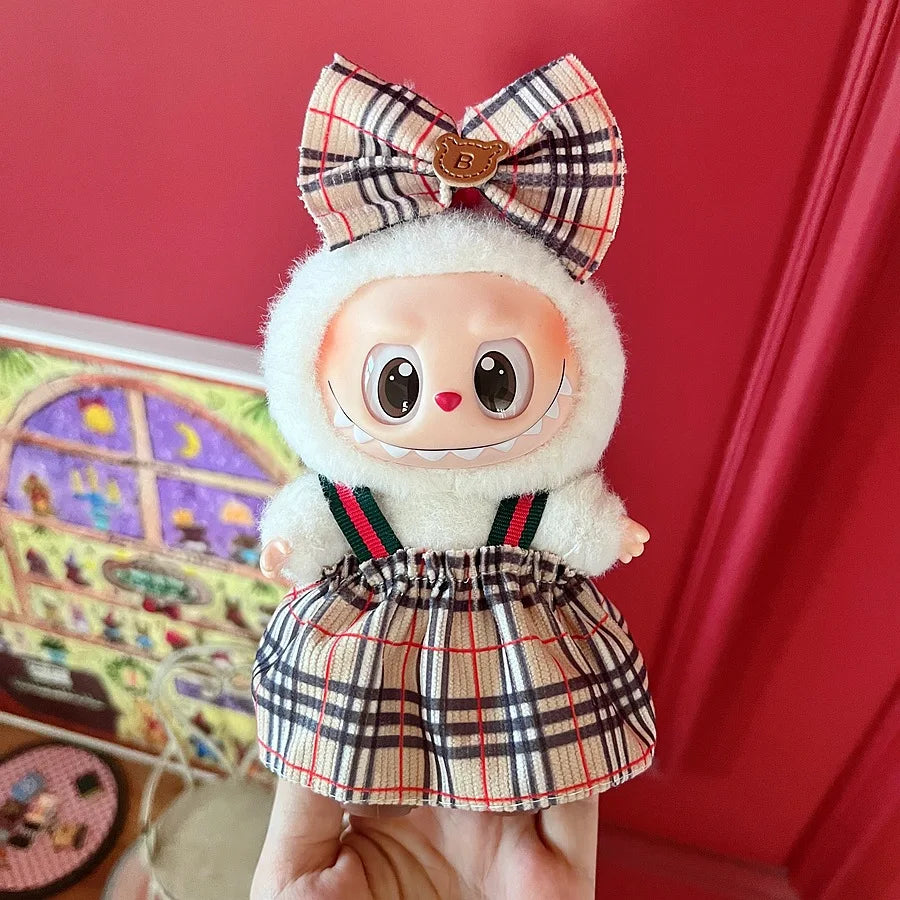 For 15/17cm Labubu Mini Doll Luxury Bow Dress original Hat Pants Clothes Set Labubu Dolls Clothing designer DIY Toys Accessorie