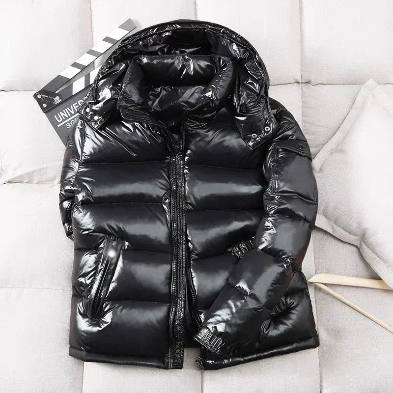 New Winter Men Black Shiny Puffer Jackets Hooded Casual Duck Down Coats High Quality Male Outdoor Windproof Warm Jackets Size 4X