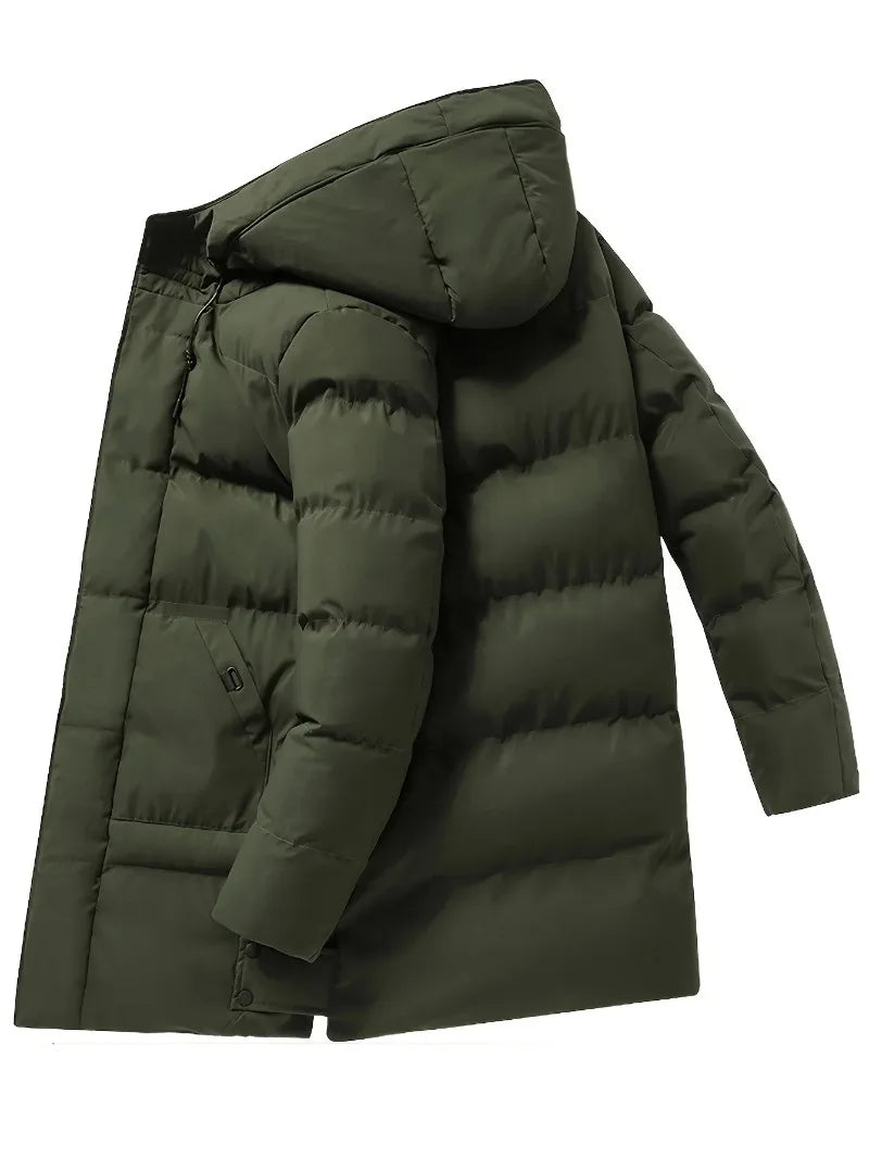 Men'S Heavyweight Winter Coat Windproof Cold Weather Jacket with Full-Length Zipper, Hooded Long Formality, Large Front Pockets