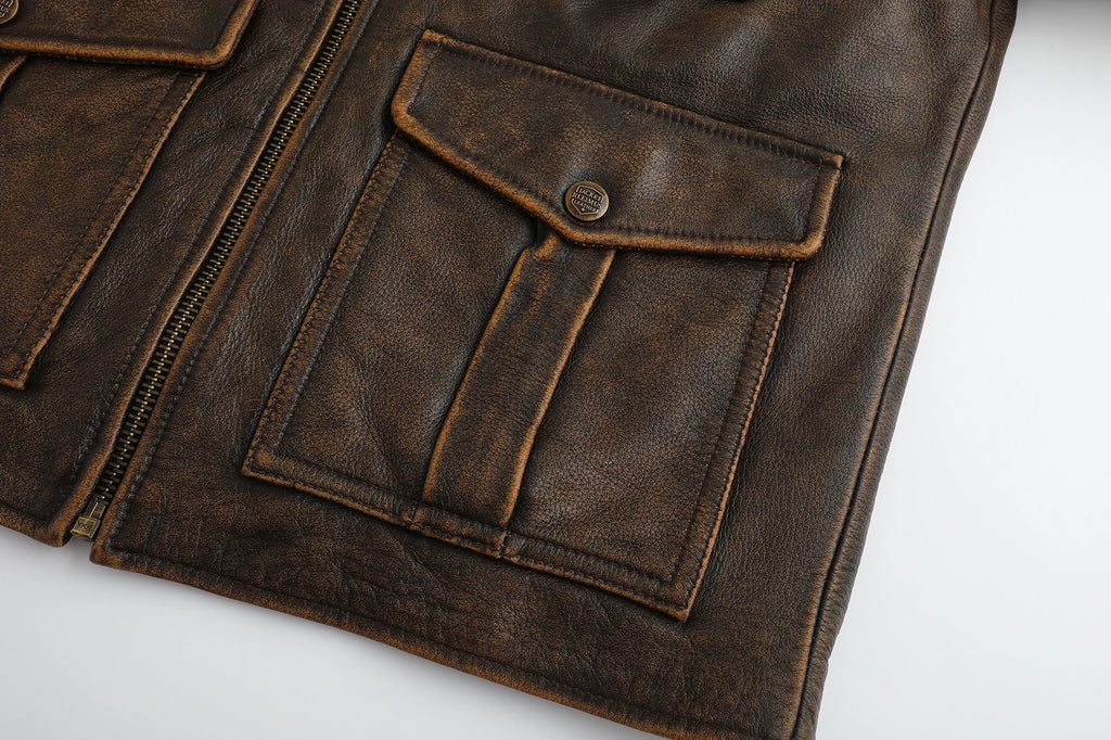 New Top-Layer Cowhide Leather Jacket Men's Four Seasons Motorcycle Leather Jacket Slim-Fit Lapel Multi-Pocket Jacket
