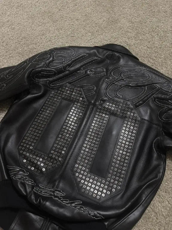 Street Style American Y2K Retro Rivet Leather Jacket Mens Letter Embroidered Hollow Oversized Coat Punk Rock Motorcycle Clothing