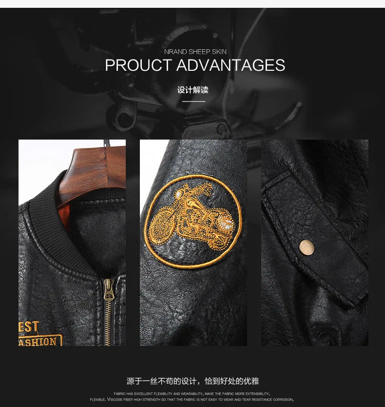 2025 Spring  Autumn Coffee V-neck  Embroidered PU Leather Motorcycle Jacket for Men,Army Green Washed Men's Workwear PU Jackets
