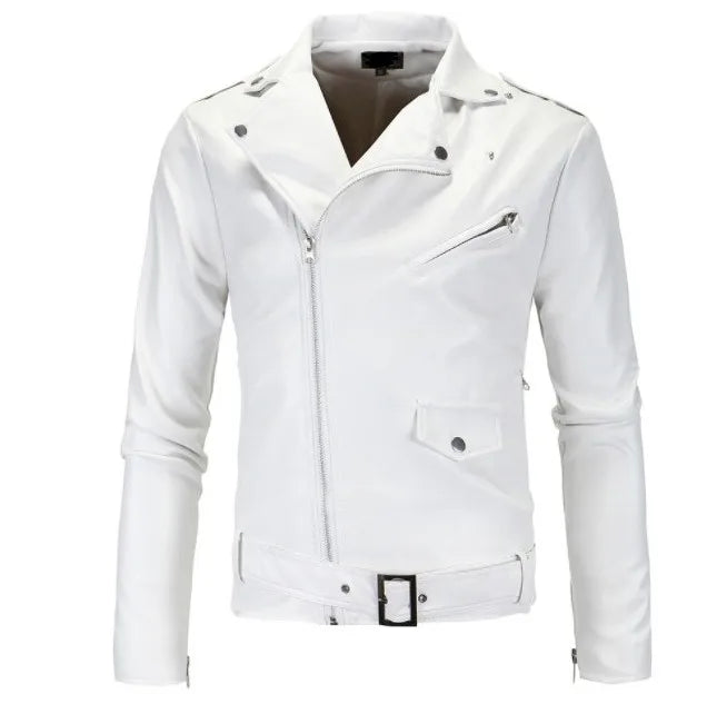 Mens Leather Jackets New White Black Casual Lapel Slim Fit Diagonal Zipper Motorcycle Pu Leather Jacket Coat Mens Jackets