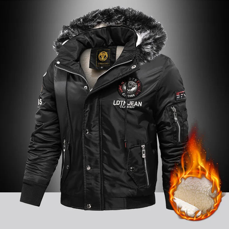 Men's Winter Fur Hooded Parka Coat Winter Warm Removable Hooded Fleece Lined Windproof Motorcycle Jackets Men Lambswool Parkas