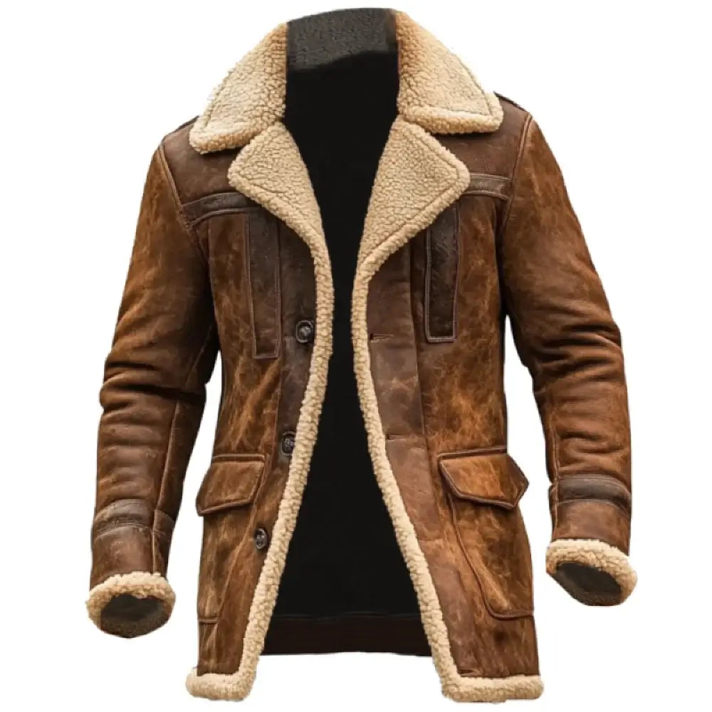 Men's Vintage Suede Leather Patchwork Outdoor Jacket, Lamb Shearling Fleece Lined Reverse Collar Coat with Multiple Pockets