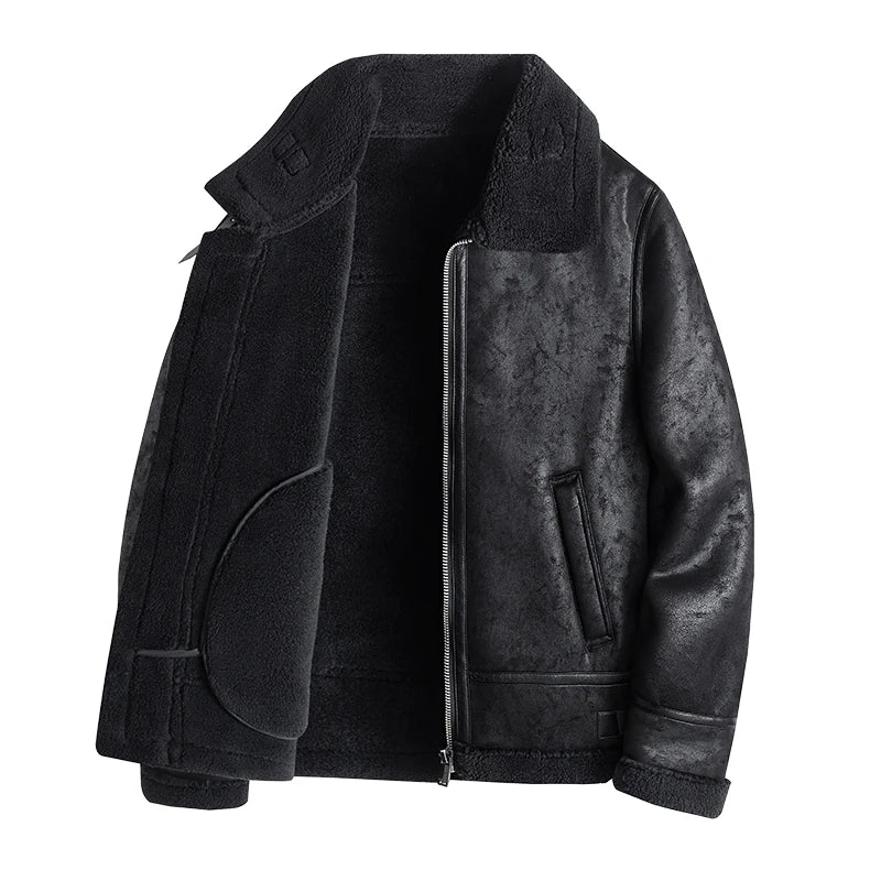 Men's Fleece Leather Motorcycle Short Jacket Imitation Fur Coat High Quality High Appearance Level Fur Integrated Flight Suit