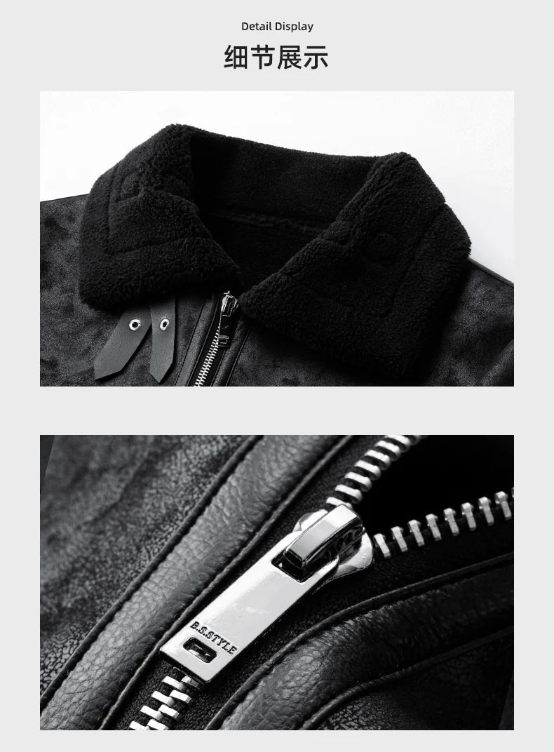 Men's Fleece Leather Motorcycle Short Jacket Imitation Fur Coat High Quality High Appearance Level Fur Integrated Flight Suit