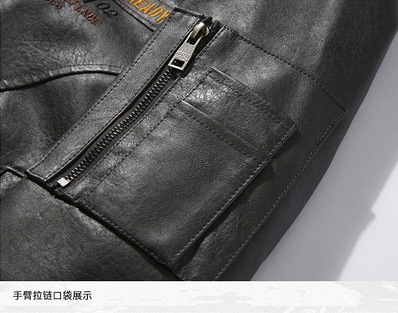 Business Slim fit Leather Bomber Jacket Men Slim Leather Flight Jacket Black Pilot Coat High Quality Man Fur collar Warm Jackets