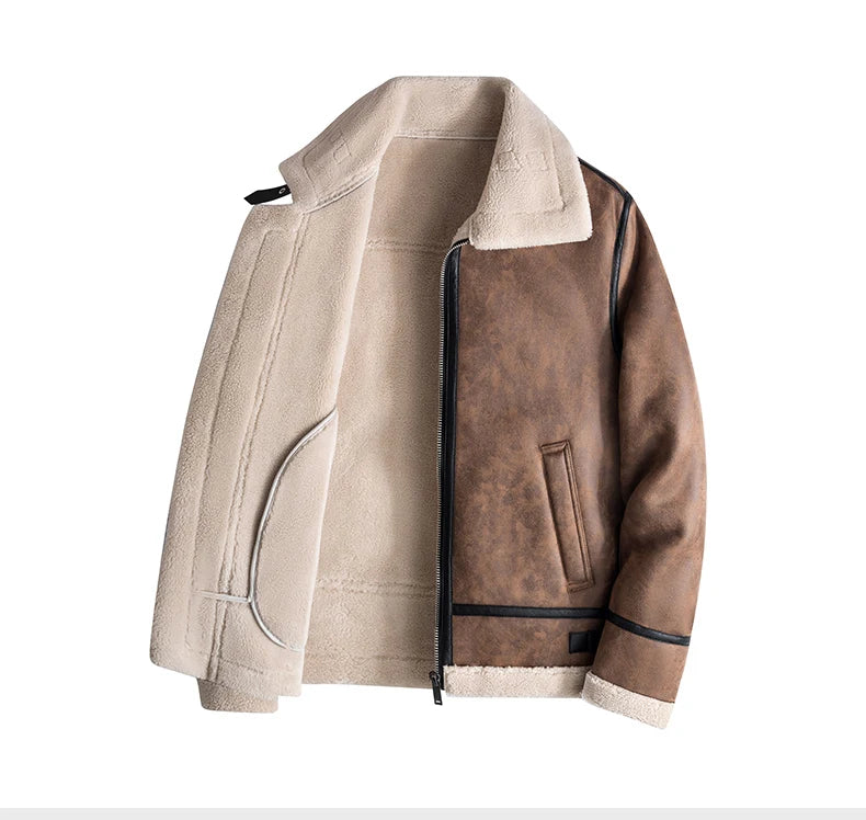 Men's Fleece Leather Motorcycle Short Jacket Imitation Fur Coat High Quality High Appearance Level Fur Integrated Flight Suit