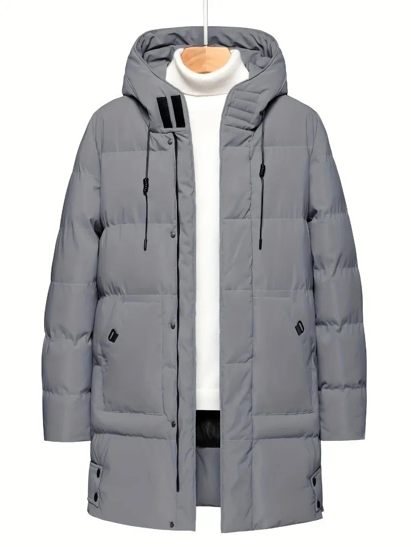 Men'S Heavyweight Winter Coat Windproof Cold Weather Jacket with Full-Length Zipper, Hooded Long Formality, Large Front Pockets