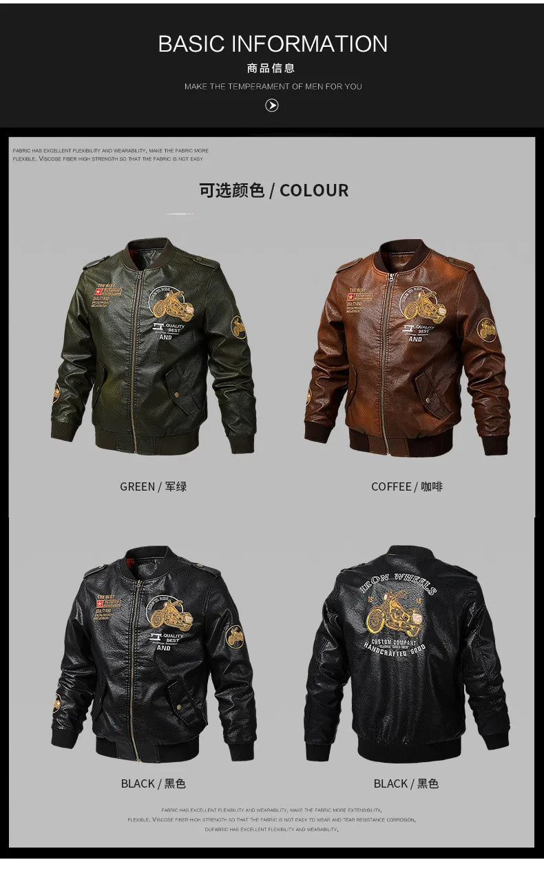 2025 Spring  Autumn Coffee V-neck  Embroidered PU Leather Motorcycle Jacket for Men,Army Green Washed Men's Workwear PU Jackets
