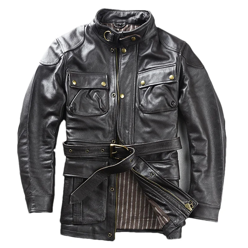Brown Autumn Leather Jacket Men Safari Style Four Pockets Plus Size 5XL Natural Cowhide M65 Belt Genuine Leather Coat